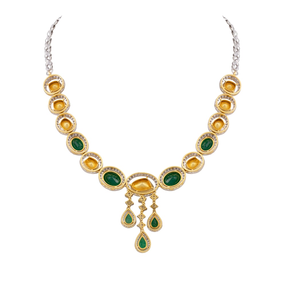 Polki and Zambian Emerald Necklace with Cascading Drops